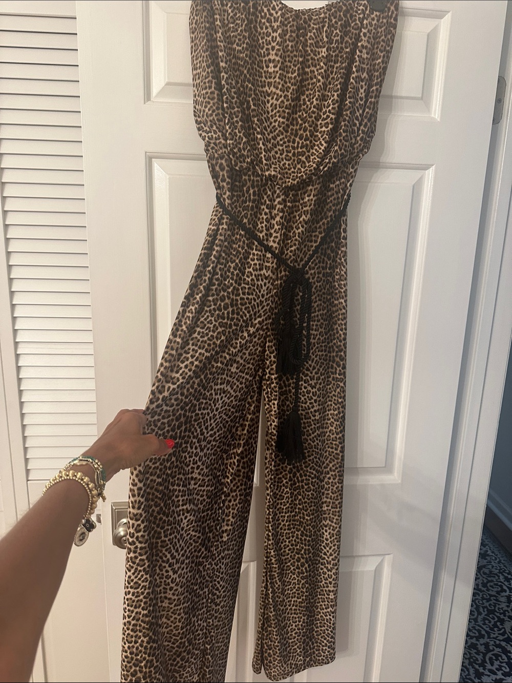 Leopard Print Wide-Leg Jumpsuit with Tassel Belt - Brown